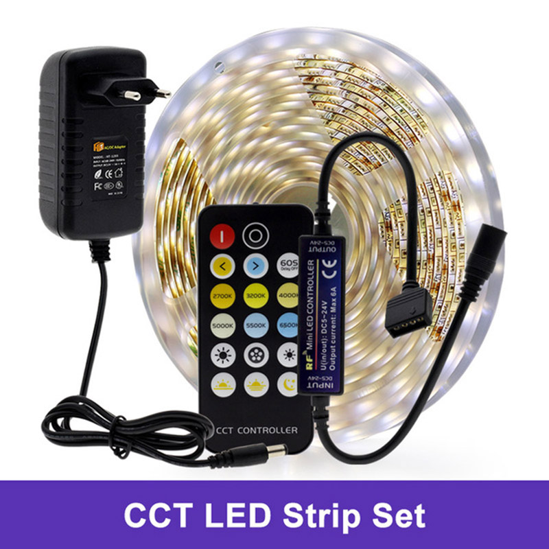 DC12V 16.4ft/5M SMD 5050 CCT（Warm White+Cold White） LED Light Strip Kit, With Mini RF Remote Controller, 60LEDs/M, Flexible Dimmable 2700K-6000K LED Light Strip